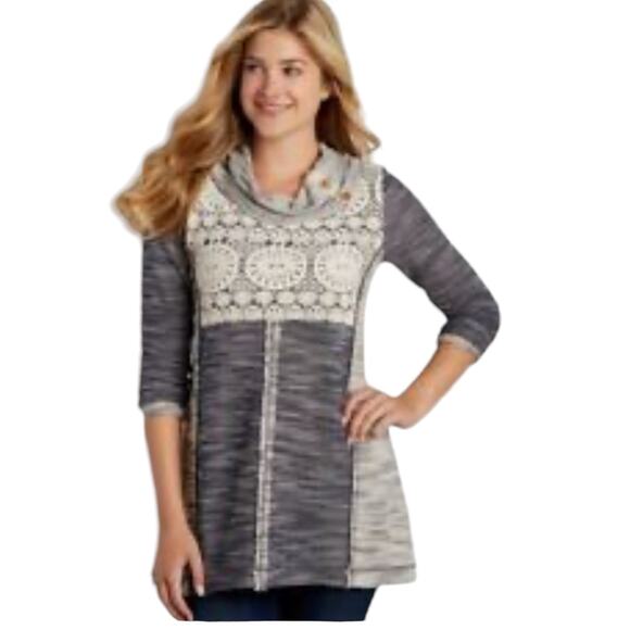 Maurices Cowl Neck Knit Pullover Sweater Women M Gray Crochet Pleated Patchwork - Picture 3 of 13